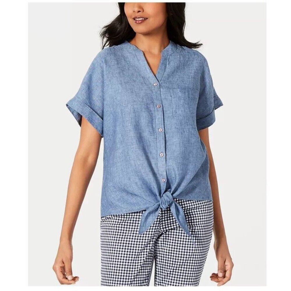 Charter Club Womens Large Blue Ocean Linen Tie Front Button Up Blouse Top K59